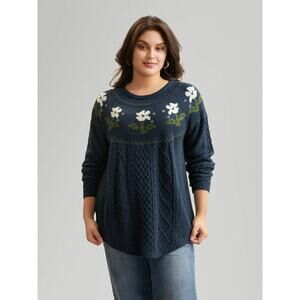 Plus Size 6X 30 BloomChic Floral Cable Knit Pullover Sweater Stretchy Acrylic